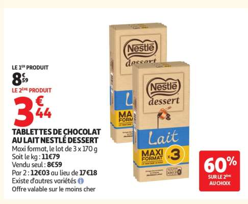 TABLETTES DE CHOCOLAT AU LAIT NESTLÉ DESSERT