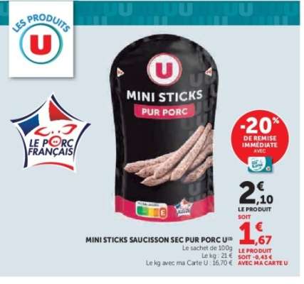 MINI STICKS SAUCISSON SEC PUR PORC U