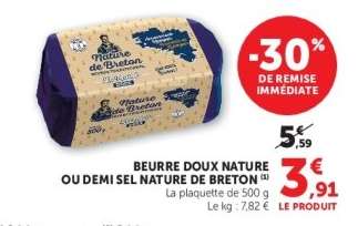 BEURRE DOUX NATURE OU DEMI SEL NATURE DE BRETON