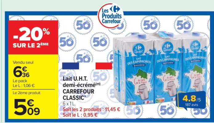 Lait U.H.T. demi-écrémé CARREFOUR CLASSIC'