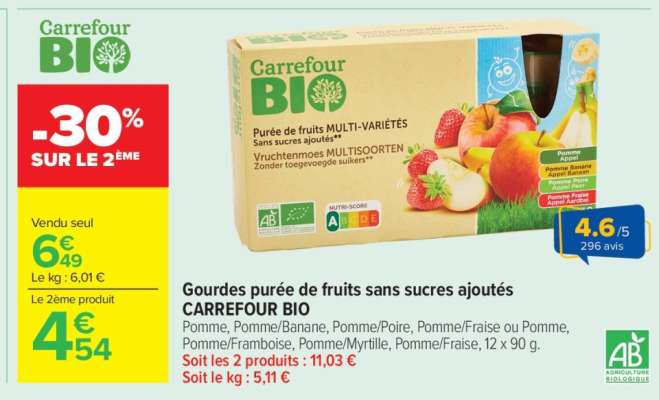 Gourdes purée de fruits sans sucres ajoutés CARREFOUR BIO