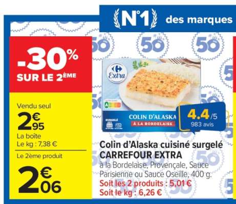 Colin d'Alaska cuisiné surgelé CARREFOUR EXTRA