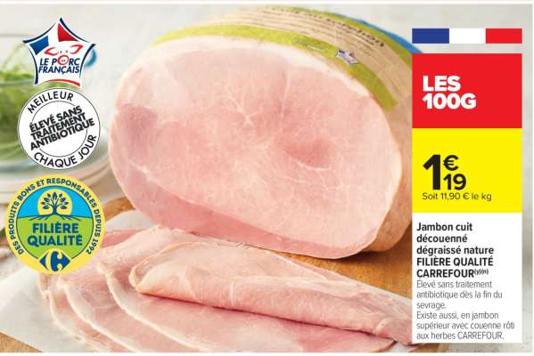 Jambon cuit découenné dégraissé nature FILIERE QUALITE CARREFOUR