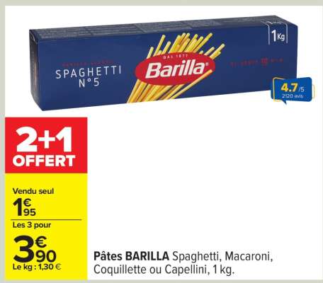 Pâtes BARILLA Spaghetti, Macaroni, Coquillette ou Capellini, 1 kg