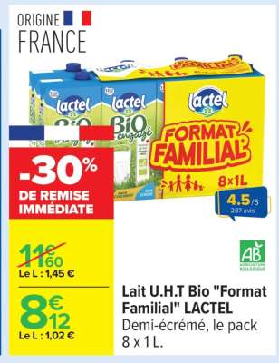 Lait U.H.T. Bio «Format familial» LACTEL