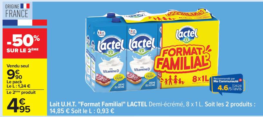 Lait U.H.T. "Format Familial" LACTEL Demi-écrémé