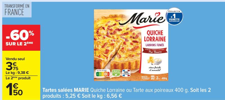 Tartes salées MARIE Quiche Lorraine ou Tarte aux poireaux