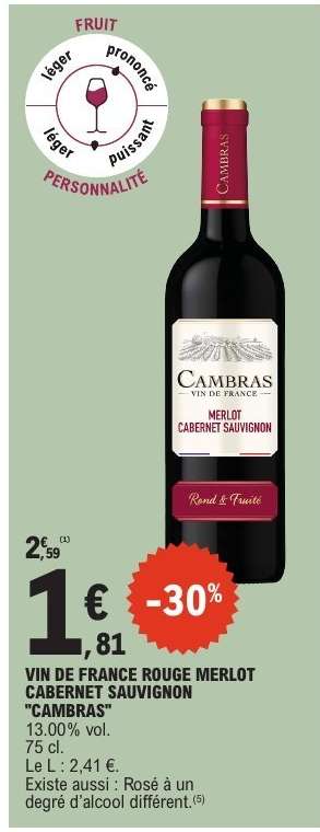 VIN DE FRANCE ROUGE MERLOT CABERNET SAUVIGNON "CAMBRAS"