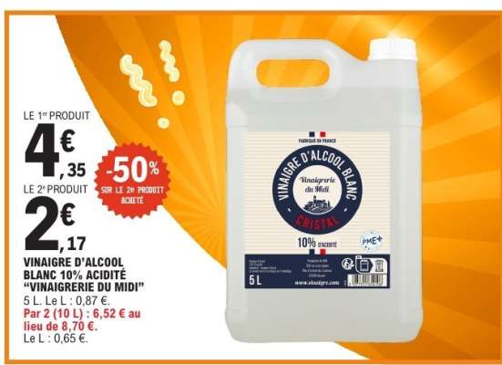 VINAIGRE D'ALCOOL BLANC 10% ACIDITÉ "VINAIGRERIE DU MIDI"