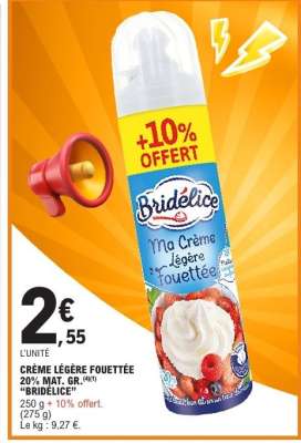 CRÈME LÉGÈRE FOUETTÉE 20% MAT. GR. 'BRIDELICE'