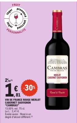VIN DE FRANCE ROUGE MERLOT CABERNET SAUVIGNON "CAMBRAS"