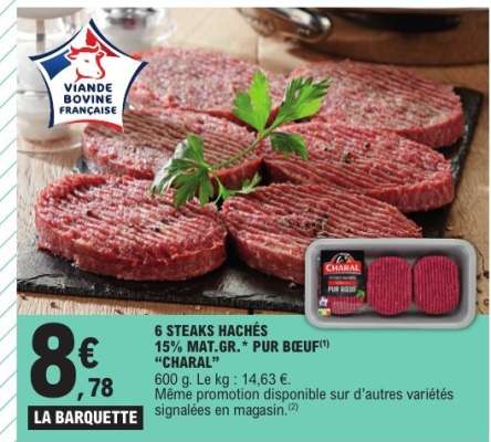 6 STEAKS HACHÉS 15% MAT. GR. PUR BŒUF 'CHARAL'