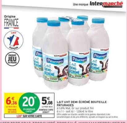 LAIT UHT DEMI ÉCRÉMÉ BOUTEILLE PÂTURAGES