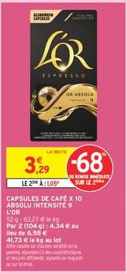 CAPSULES DE CAFÉ X 10 ABSOLU INTENSITÉ 9 L'OR