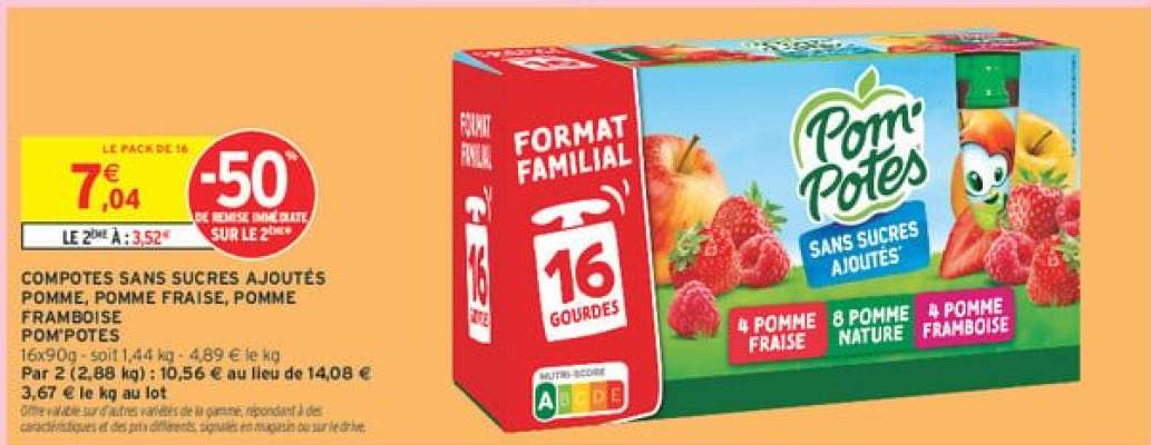 COMPOTES SANS SUCRES AJOUTÉS POMME, POMME FRAISE, POMME FRAMBOISE POMPOTES