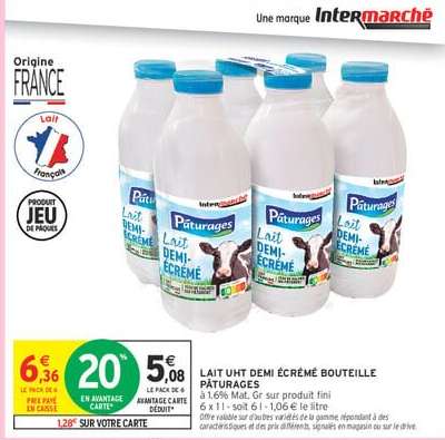LAIT UHT DEMI ÉCRÉMÉ BOUTEILLE PÂTURAGES