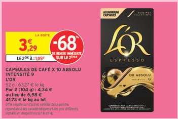 CAPSULES DE CAFÉ X 10 ABSOLU INTENSITÉ 9 L'OR