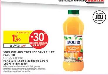 100% PUR JUS D'ORANGE SANS PULPE PAQUITO
