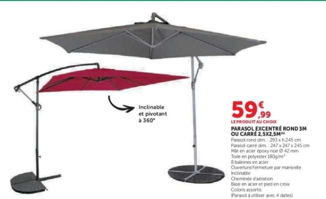 Parasol excentré rond 3m ou carré 2.5x2.5m
