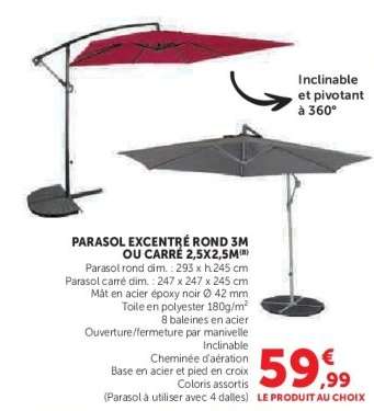 Parasol excentré rond 3m ou carré 2.5x2.5m
