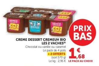 CREME DESSERT CREMEUH BIO LES 2 VACHES