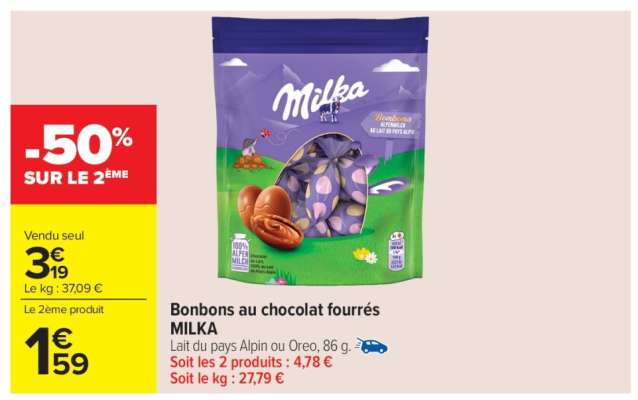Bonbons au chocolat fourrés MILKA