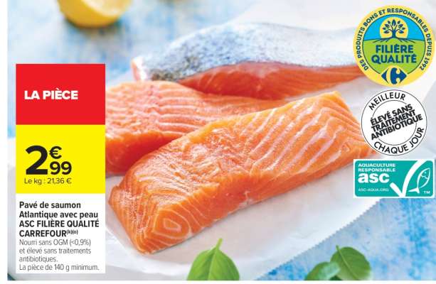 Pavé de saumon Atlantique avec peau ASC FILIÈRE QUALITÉ CARREFOUR