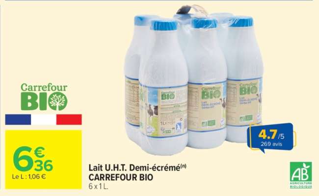 Lait U.H.T. Demi-écrémé CARREFOUR BIO