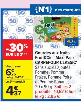 Gourdes aux fruits Fruit&Cie 'Maxi Pack' CARREFOUR CLASSIC