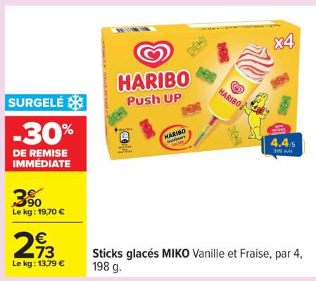 Sticks glacés MIKO Vanille et Fraise, par 4, 198 g