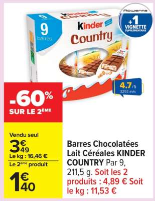 Barres Chocolatées Lait Céréales KINDER COUNTRY