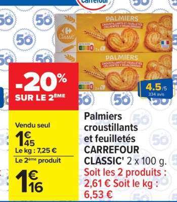Palmiers croustillants et feuilletés CARREFOUR CLASSIC'