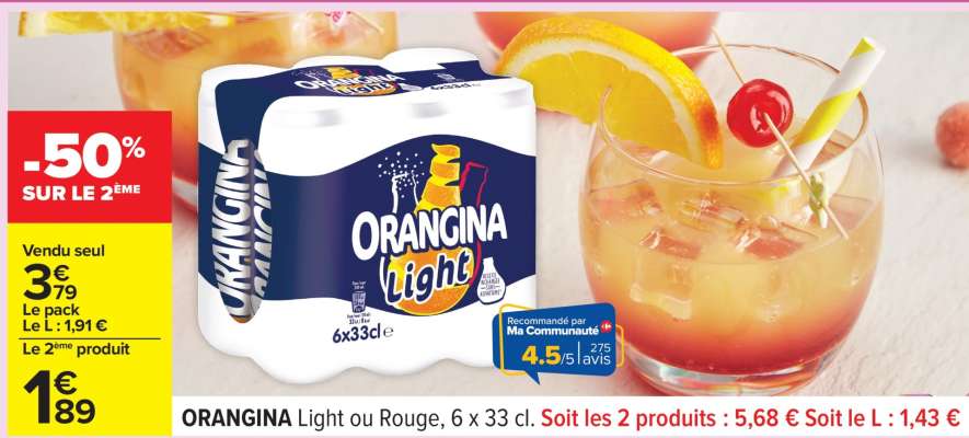 ORANGINA Light ou Rouge, 6 x 33 cl
