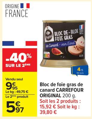 Bloc de foie gras de canard CARREFOUR ORIGINAL 200 g