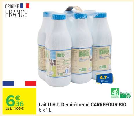 Lait U.H.T. Demi-écrémé CARREFOUR BIO