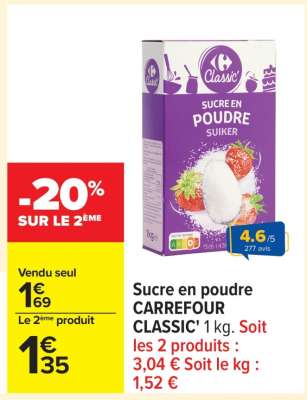 Sucre en poudre CARREFOUR CLASSIC' 1 kg