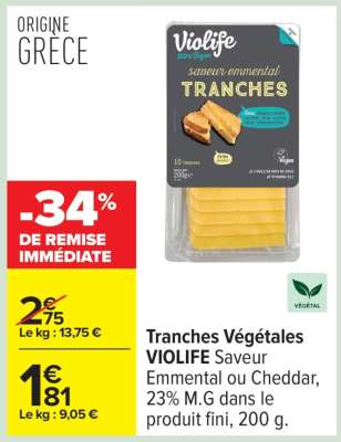 Tranches Végétales VIOLIFE Saveur Emmental ou Cheddar