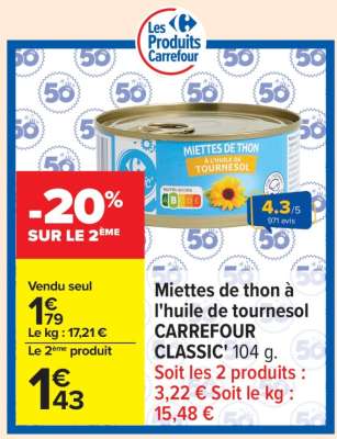 Miettes de thon à l'huile de tournesol CARREFOUR CLASSIC'
