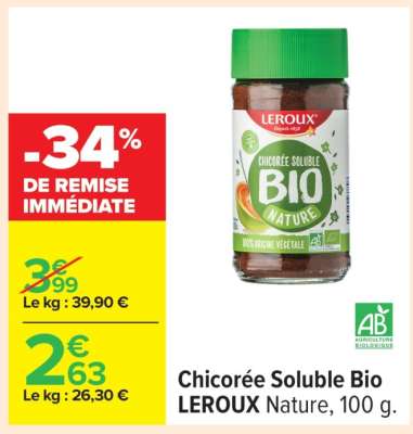 Chicorée Soluble Bio LEROUX Nature, 100 g