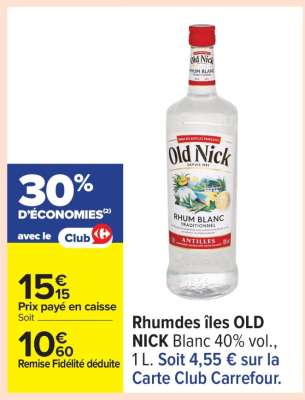 Rhum des îles OLD NICK Blanc 40% vol.
