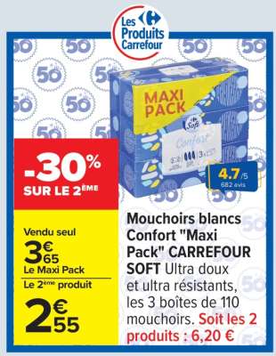 Mouchoirs blancs Confort "Maxi Pack" CARREFOUR