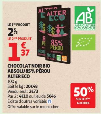 CHOCOLAT NOIR BIO ABSOLU 85% PÉROU ALTER ECO