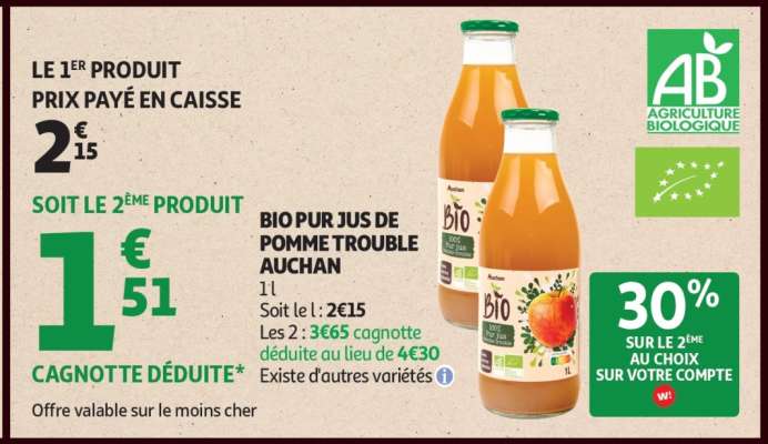 BIO PUR JUS DE POMME TROUBLE AUCHAN