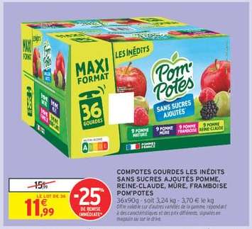 COMPOTES GOURDES LES INÉDITS SANS SUCRES AJOUTÉS POMME, REINE-CLAUDE, MÛRE, FRAMBOISE POM'POTES