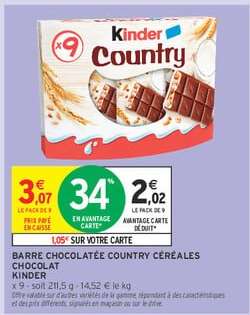BARRE CHOCOLATÉE COUNTRY CÉRÉALES CHOCOLAT KINDER