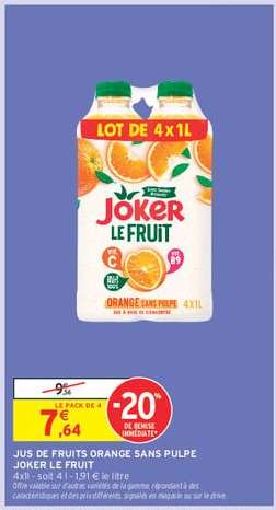 JUS DE FRUITS ORANGE SANS PULPE JOKER LE FRUIT