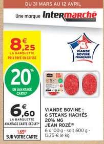 VIANDE BOVINE : 6 STEAKS HACHÉS 20% MG JEAN ROZÉ