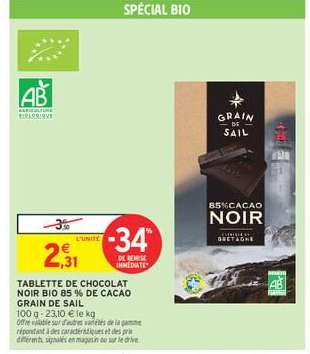Tablette de chocolat noir bio 85% de cacao Grain de Sail
