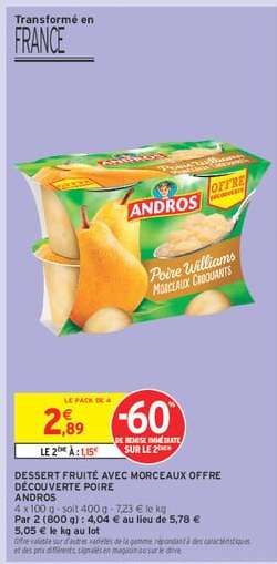 DESSERT FRUITÉ AVEC MORCEAUX OFFRE DÉCOUVERTE POIRE ANDROS