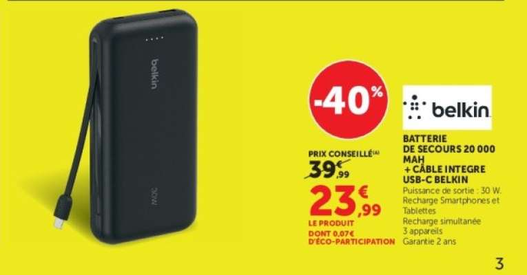 Batterie de secours 20 000 mAh + câble intégré USB-C Belkin